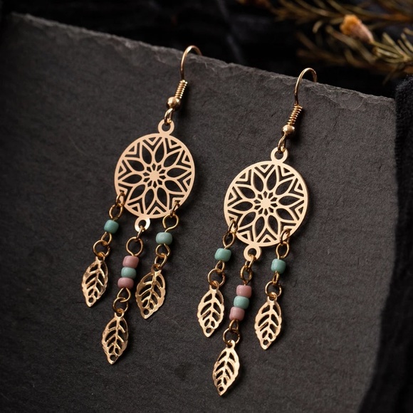 Jewelry - Gold Pink Mint Beaded Leaf Dream Catcher Earrings